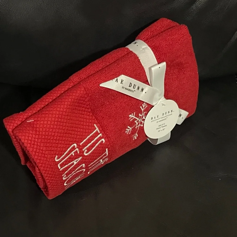 Rae Dunn Red Hand Towels with Snowflake Design
